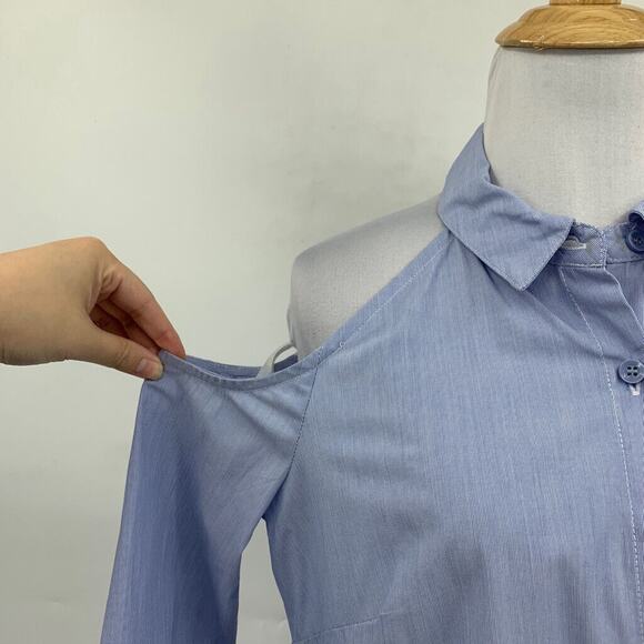 BCBGeneration Shirt Womens S Small Blue Striped Collar Cold Shoulder Button Up - Picture 4 of 16